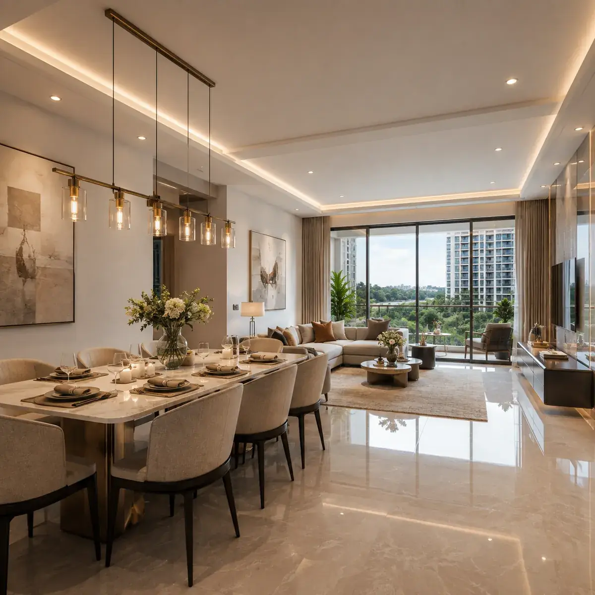 Living and dining interior of a 3 BHK at Candeur Kukatpally, Kukatpally, Hyderabad