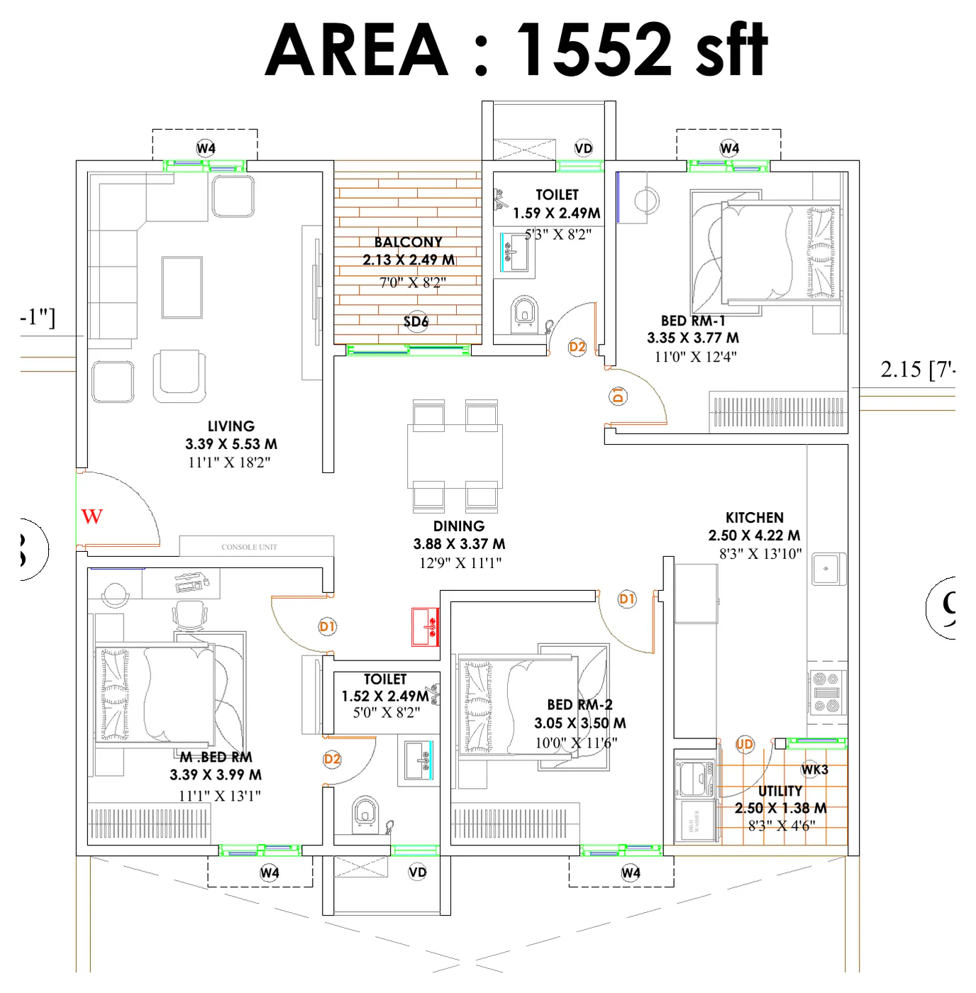 2.5 BHK 1,552 sq ft unit floor plan at Candeur Kukatpally, Hyderabad