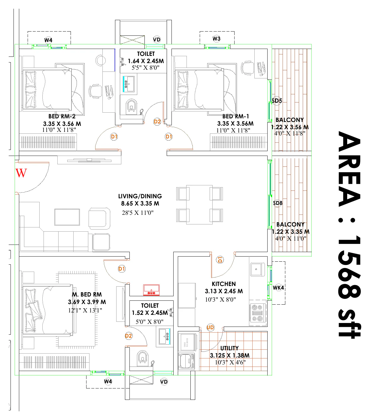 2.5 BHK 1,568 sq ft unit floor plan at Candeur Kukatpally, Hyderabad