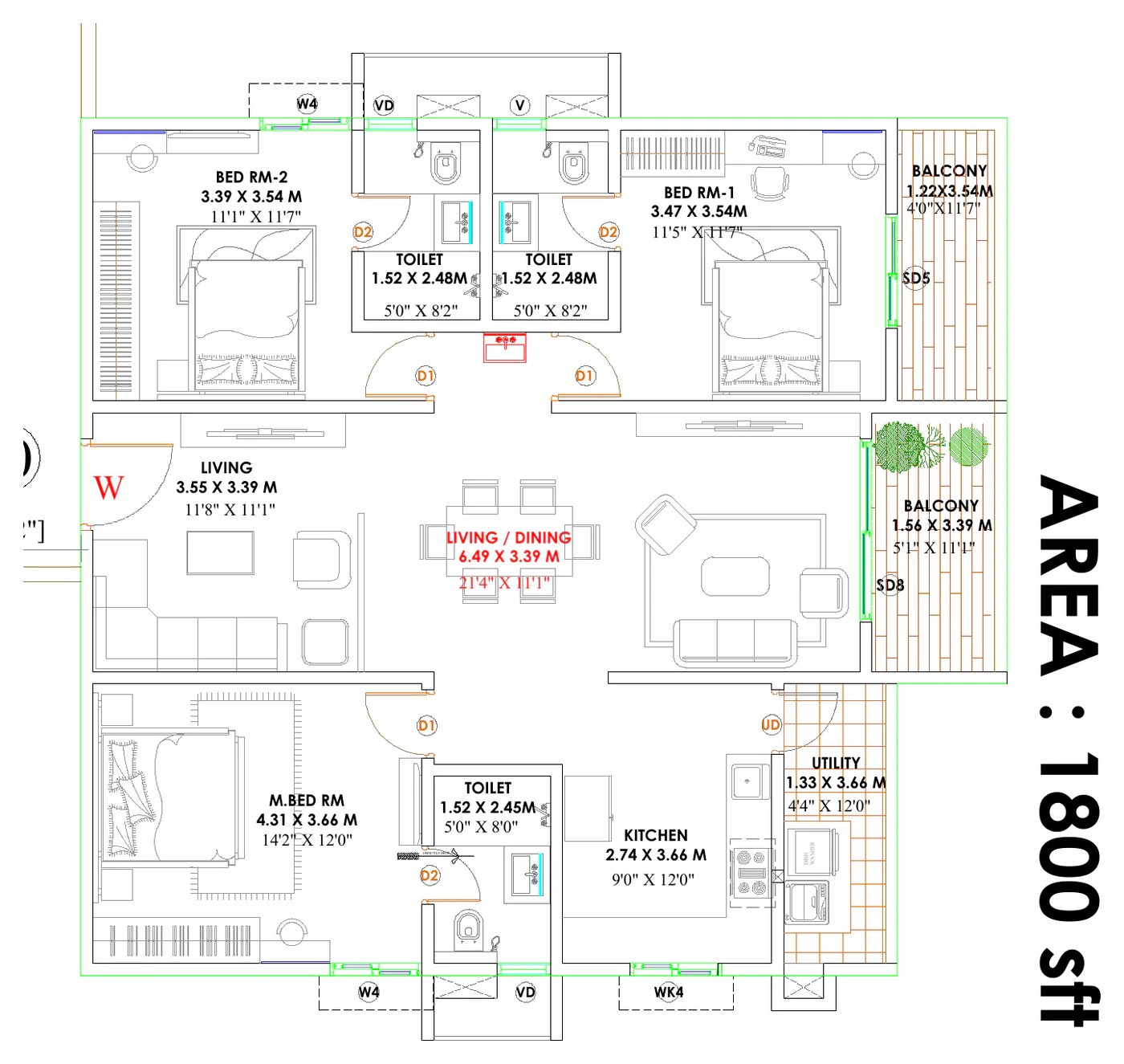 3 BHK 1,800 sq ft unit floor plan at Candeur Kukatpally, Hyderabad