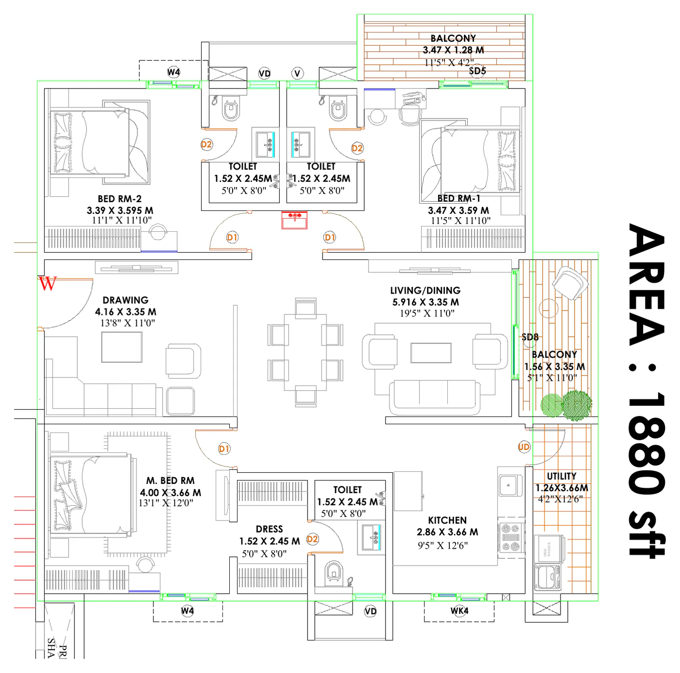3 BHK 1,880 sq ft unit floor plan at Candeur Kukatpally, Hyderabad