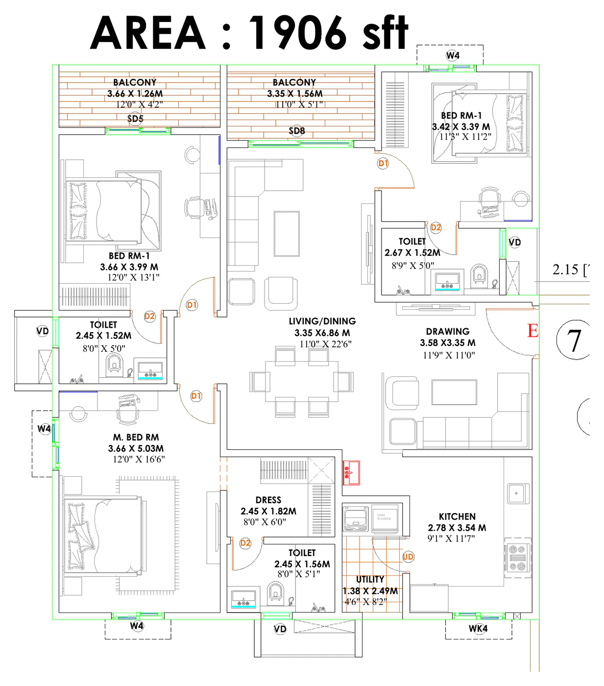 3 BHK 1,906 sq ft unit floor plan at Candeur Kukatpally, Hyderabad