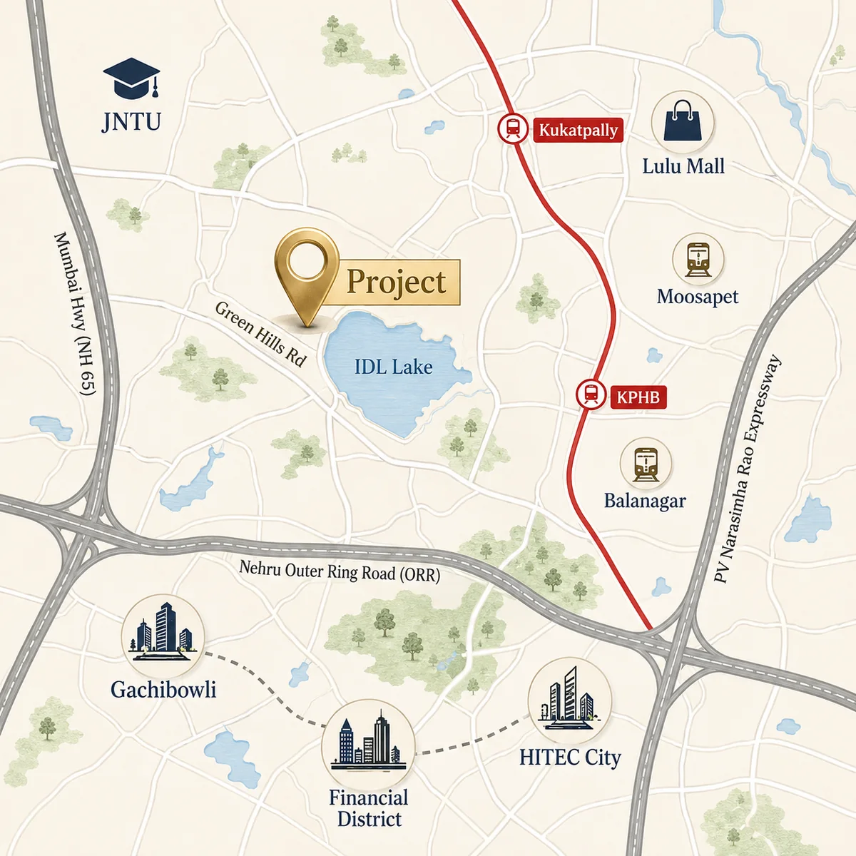Location map of Candeur Kukatpally at Kukatpally with IDL Lake, the metro, JNTU and HITEC City, Hyderabad