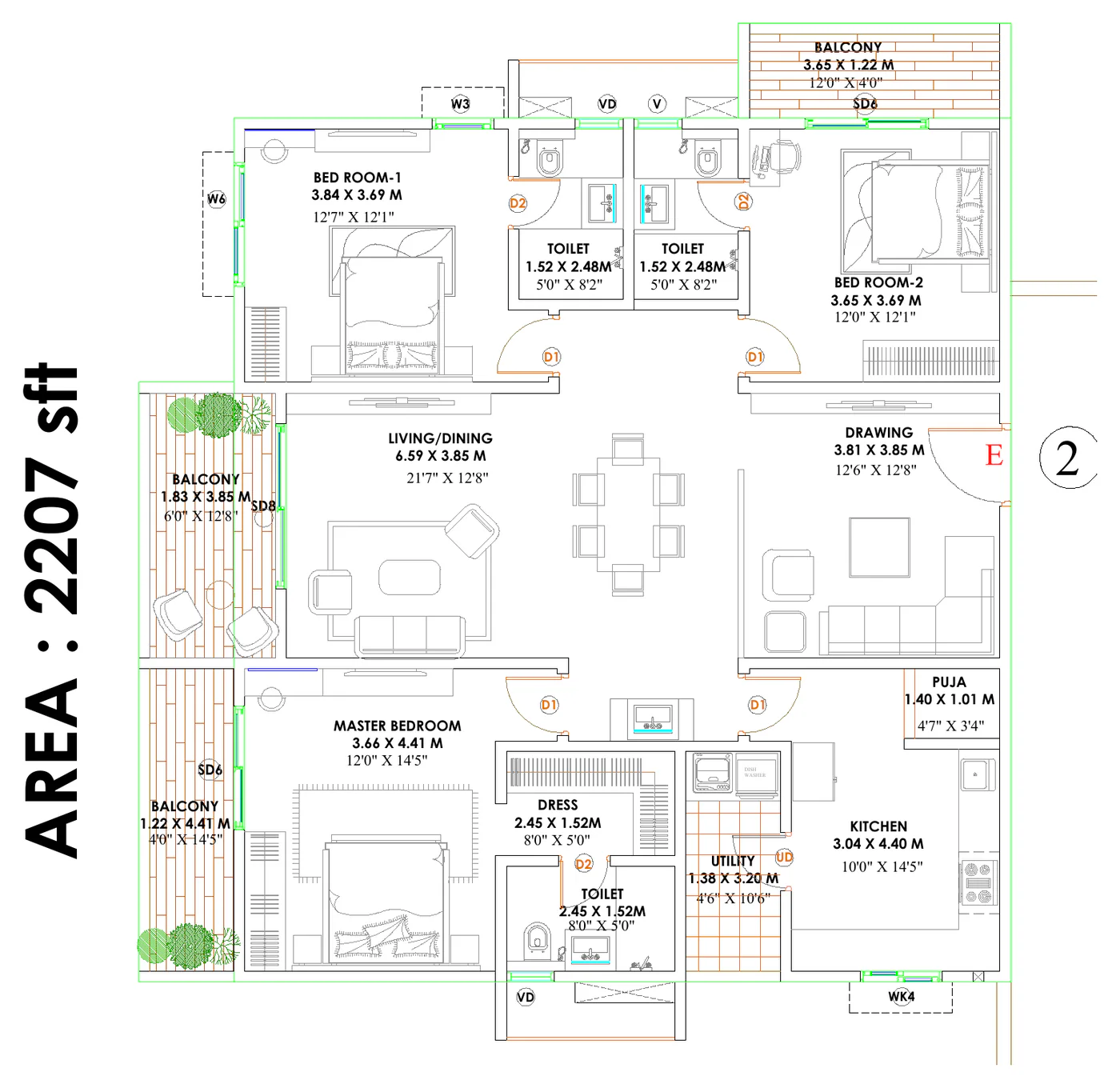 Premium 3 BHK 2,207 sq ft unit floor plan at Candeur Kukatpally, Hyderabad